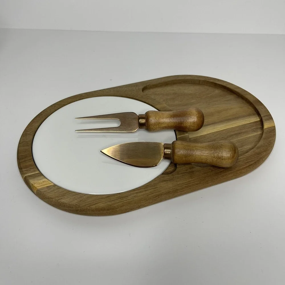 Wooden Cheese‎ Board w/ Ceramic Center and Knife Fork Copper